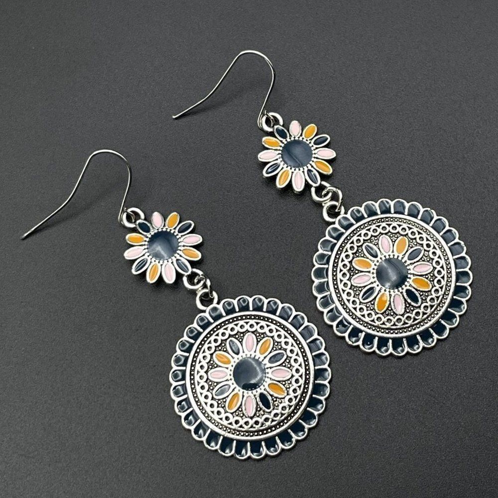 Silver with Blue Pink and Orange Enamel Dangling Boho Flower Drop Hook Earrings